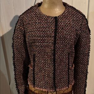 Forever 21 Black and Pink Tweed Fringe Collarless Blazer